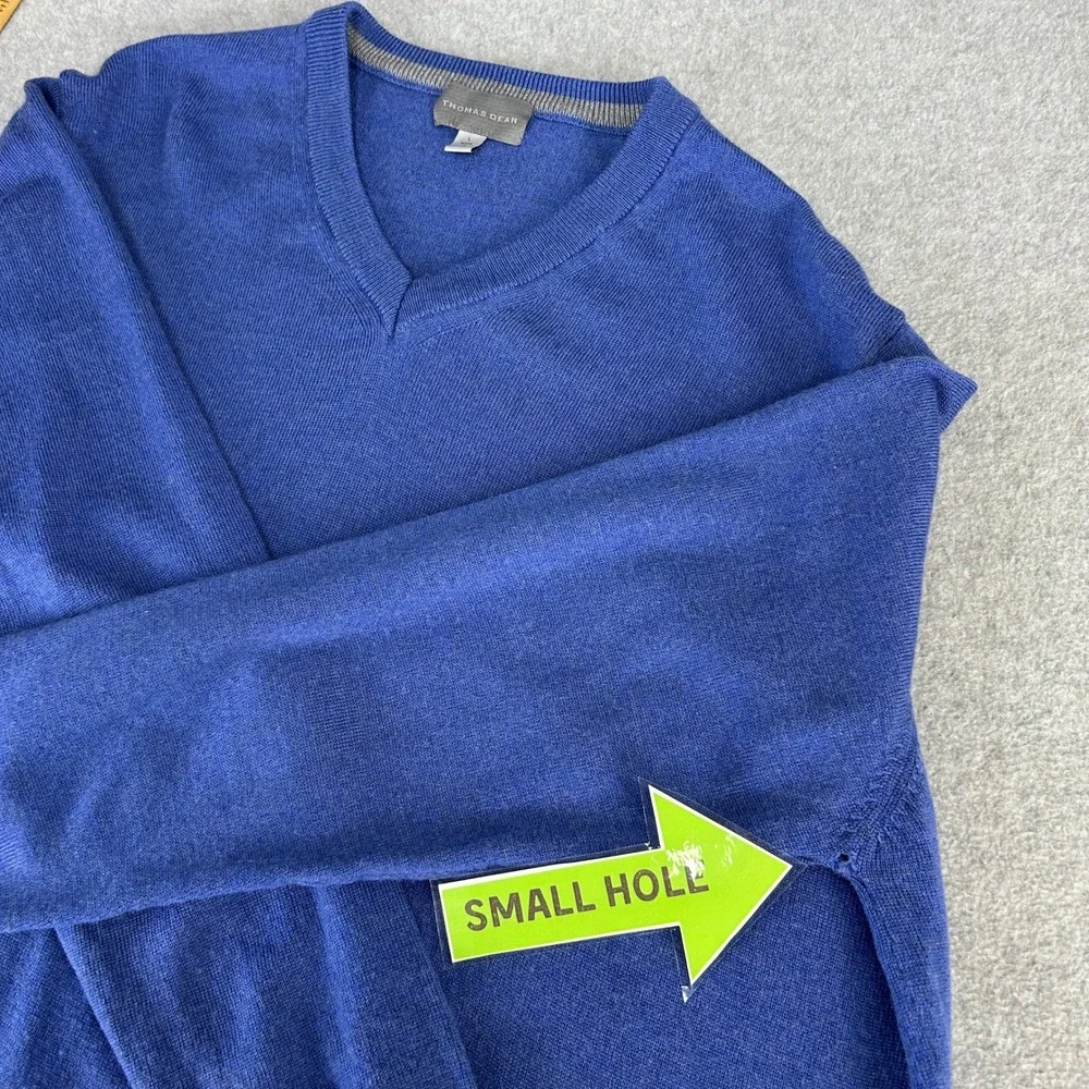 Thomas Dean V-Neck Sweater Blue Extrafine Merino Wool Old Money Mens Large READ